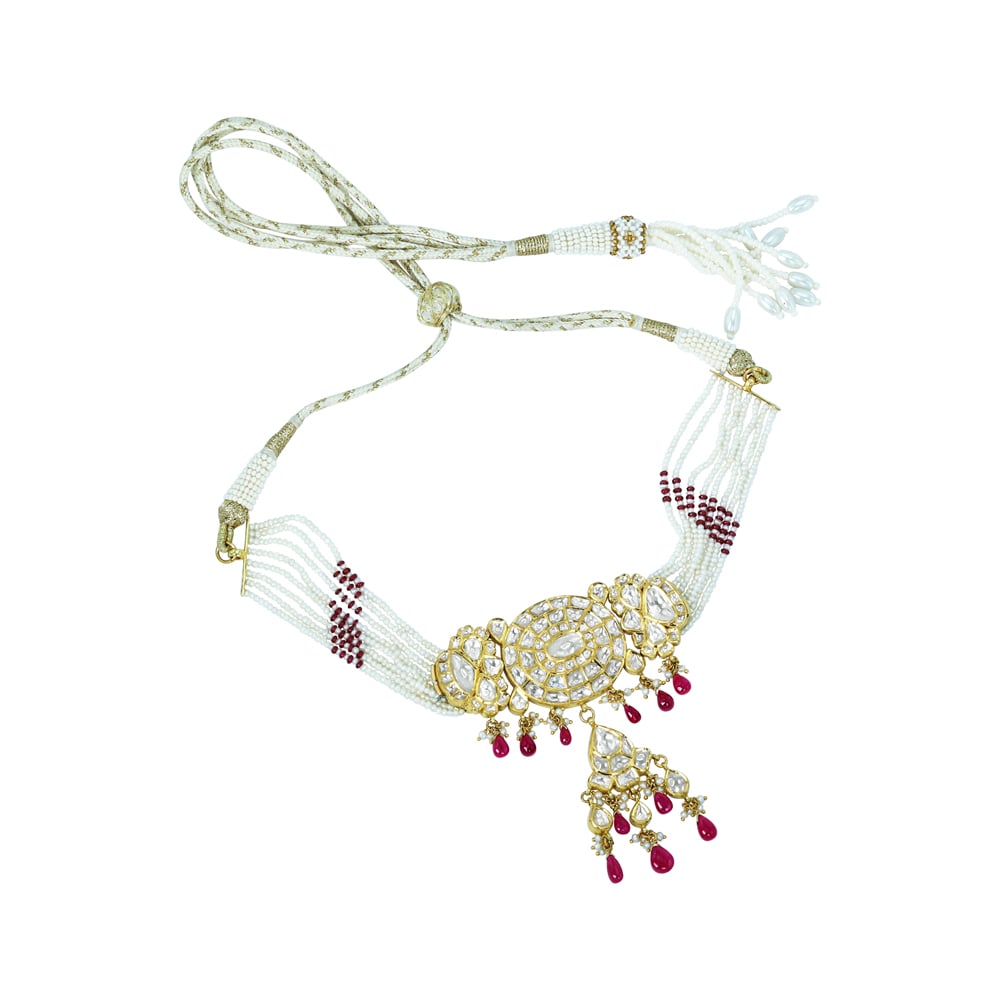 Oval Polki Choker with Floral Motifs, Ruby Drops, and Pearl Accents